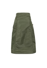 Gonna verde di lunghezza al ginocchio realizzata in un tessuto leggero e morbido con una silhouette strutturata, dotata di tasche laterali e dettagli di cucitura discreti.