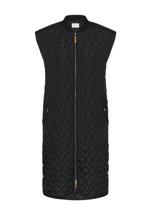 Schwarze gesteppte Weste mit durchgehendem Reißverschluss und ärmellosem Design. Verfügt über ein Rautenmuster, zwei Seitentaschen und einen runden Halsausschnitt.