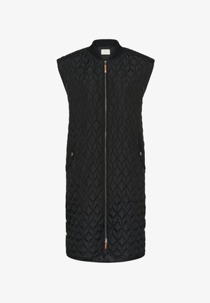 Gilet trapuntato nero con chiusura frontale a zip e design senza maniche. Presenta un motivo a diamante, due tasche laterali e una scollatura rotonda.