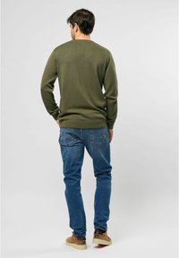 Pulover texturat de culoare verde măslinie cu un design în dungi, purtat cu blugi albaștri și pantofi bej, văzut din spate pe un fundal deschis.