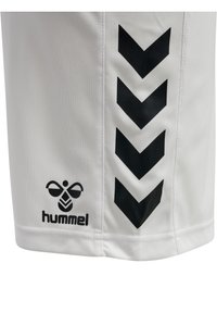 Witte sportshorts met zwarte chevronstreepjess aan de zijkanten en een zwart logo met een bij ontwerp aan de zoom. Soepele stofstructuur.