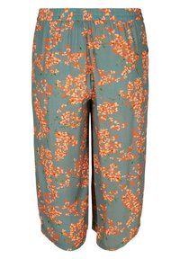 Pantalon court en tissu léger de couleur sarcelle avec un motif floral orange. Ceinture élastique, coupe droite, sans poches.