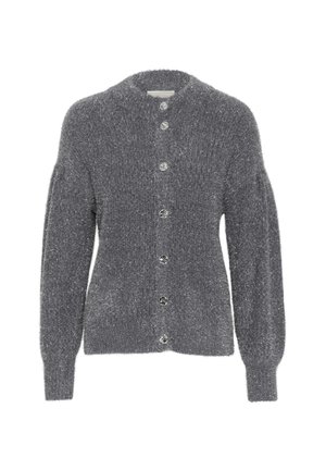 Gray knitted cardigan with a soft, fluffy texture, featuring a simple design, round neckline, and seven shiny buttons down the front.