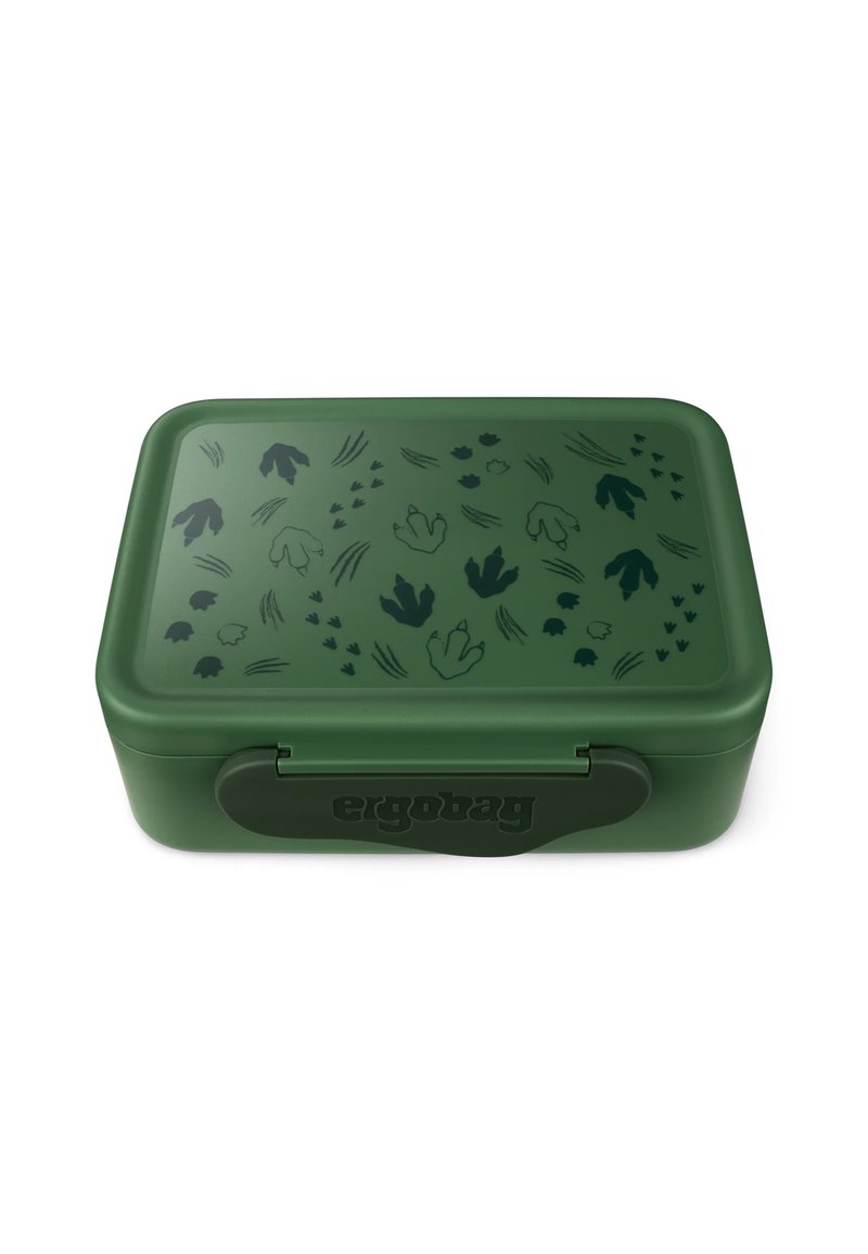 Green plastic lunch box with a dark leaf and footprint pattern, featuring a secure closure and a textured surface. Brand name "ergobag" embossed on side.