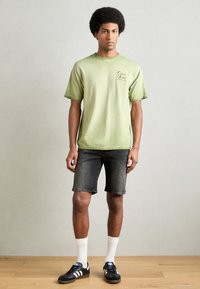 Svijetlozeleni pamukasti T-shirt kratkih rukava s okruglim izrezom. Nosiv s tamnim traper šortsevima i crnim tenisicama. Postavljen na neutralnoj pozadini.