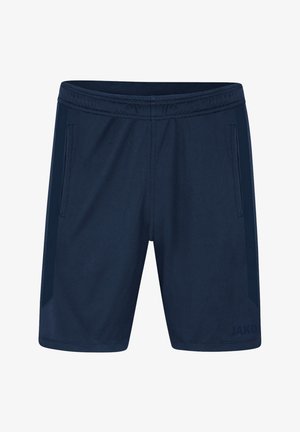 Marineblaue Shorts aus leichtem Stoff, mit einem elastischen Bund, zwei Seitentaschen und kontrastierenden Seitenpaneelen.