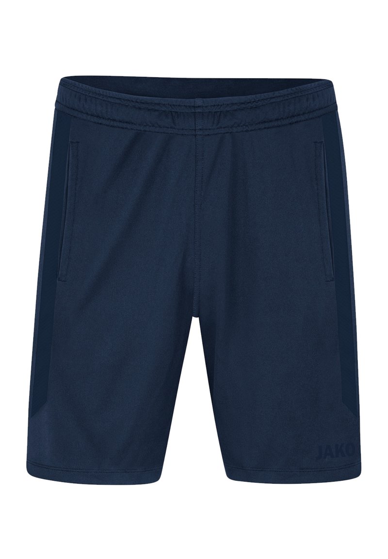 Shorts navy en tissu léger, avec une taille élastique, deux poches latérales et des panneaux latéraux contrastés.