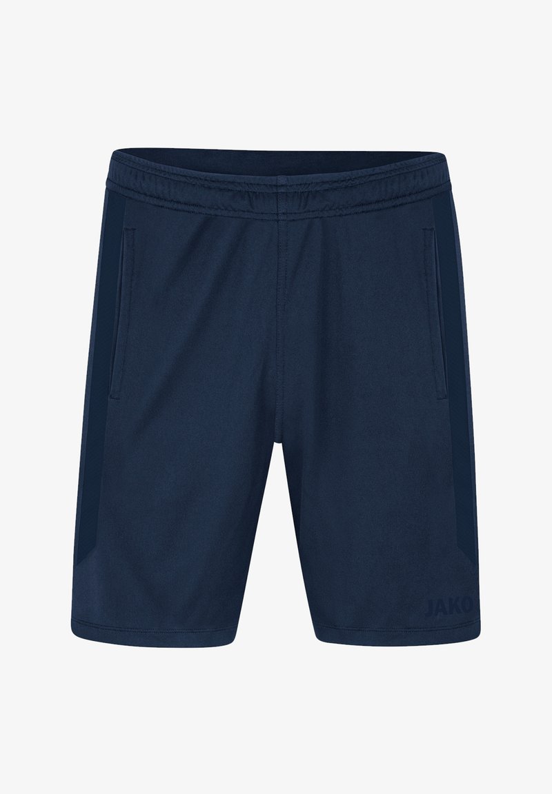 Shorts navy en tissu léger, avec une taille élastique, deux poches latérales et des panneaux latéraux contrastés.