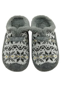 Zapatillas de punto grises con un patrón invernal que presenta acentos en negro, blanco y amarillo, forradas con suave piel sintética gris para mayor comodidad.