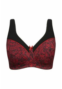 Schwarzer und roter BH mit Spitzenmuster, gepolsterten Cups und glatter Textur. Enthält ein zentrales Schleifendetail und breite Träger für Unterstützung.