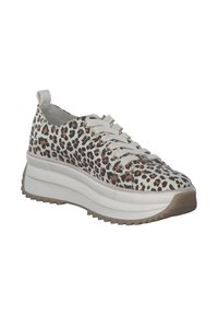 Sneaker con stampa leopardata, suola bianca chunky, dettagli testurizzati e accenti beige. Presenta punta rotonda e chiusura con lacci.