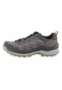 Graue Trailrunning-Schuhe mit einem strukturierten Obermaterial, verstärkter Zehenpartie und einer Gummisohle mit tiefen Profilen für optimalen Halt. Die Schnürsenkel sind durch Ösen gefädelt.