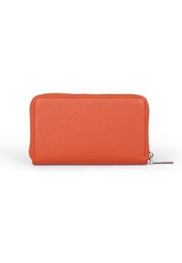 Portafoglio in pelle arancione con finitura testurizzata, chiusura a zip e accenti metallici. Forma rettangolare con un comodo tirante della zip.