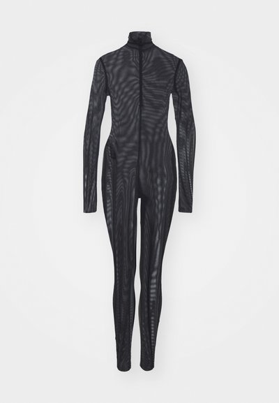 Black mesh bodysuit with long sleeves, high collar, and full-length legs. Features a zip closure at the front and a textured pattern.