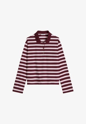 Poloshirt met lange mouwen in horizontale strepen van bordeauxrood, wit en lichtroze, met een effen bordeauxrode kraag en drie knopen aan de voorkant.