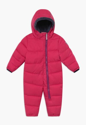 Combinaison de neige isolante pour enfants en rose vif avec capuche, fermeture éclair à l'avant et poignets et chevilles élastiques.