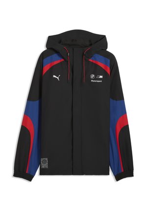 Schwarze Kapuzenjacke mit blauen und roten Akzenten, Puma- und BMW Motorsport-Logos auf der Brust, elastische Bündchen und Frontreißverschluss.