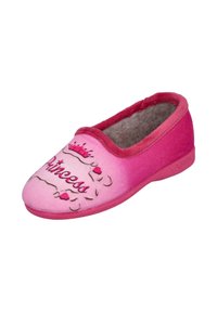 Zapatilla de casa de peluche rosa con un diseño bordado de "Princesa", acento de corona, punta redondeada y un suave revestimiento interior para mayor comodidad. Suela plana.