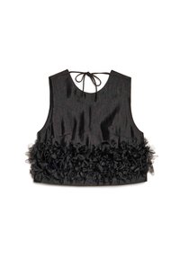 Μαύρο crop top χωρίς μανίκια με πιέτες υφάσματος στο τελείωμα και δέσιμο στο πίσω μέρος του λαιμού, σε λευκό φόντο.