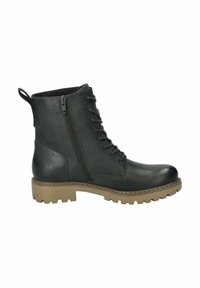 Bottines en cuir vert avec un bout arrondi, un laçage à l'avant, une fermeture éclair sur le côté et une semelle texturée. Dispose d'une languette à l'arrière.