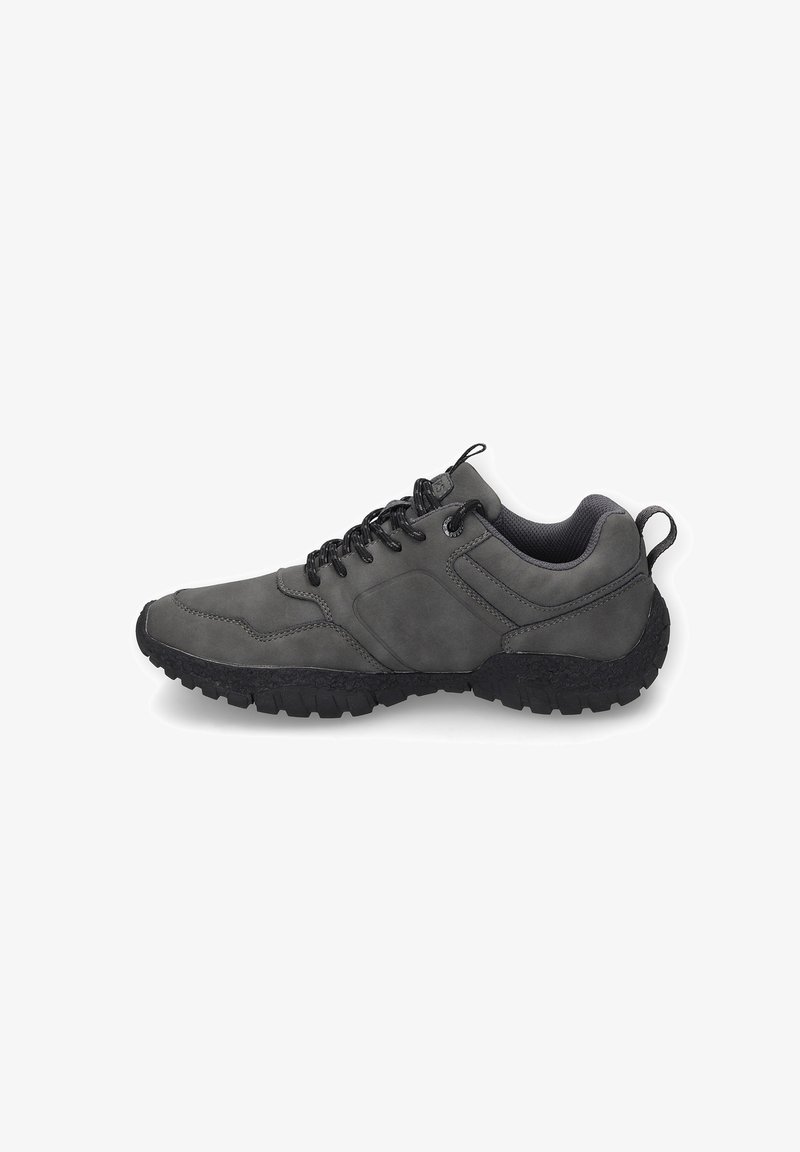 Gray athletic shoe featuring a smooth leather upper, textured rubber sole, and black laces. Includes a pull tab at the heel for easy wear.