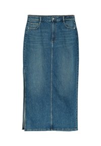 Dżinsowa spódnica o kroju ołówkowym w średnim niebieskim kolorze, z centralnym szwem, rozcięciem po lewej stronie, pięcioma kieszeniami oraz zapięciem na guziki z przodu.