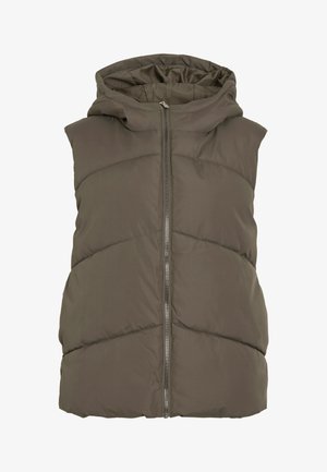 Padi tikandiga vest tumerohelises toonis kapuutsiga. Omadused hõlmavad horisontaalseid tikandpaneele ja esiosa tõmbluku kinnistust. Pehme ja sile tekstuur.