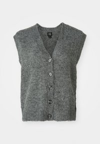 Grauer Strickweste mit V-Ausschnitt, ärmellosem Design und sechs Knöpfen. Hergestellt aus weichem, strukturiertem Stoff. Geeignet zum Layering.