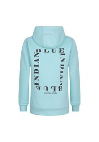 Felpa azzurra con tasca frontale, caratterizzata da bold lettering nero disposto in un motivo rettangolare sulla schiena, che recita "BLUE INDIAN."