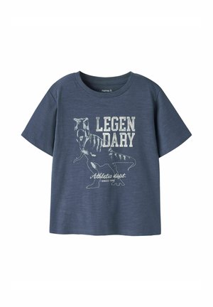 Navy blue short-sleeve t-shirt with a large dinosaur graphic and "LEGENDARY Athletic dept. Since 1986" text on the front.