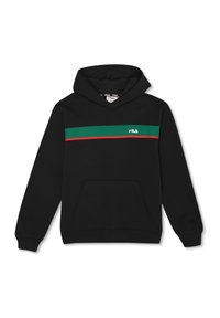 Sudadera negra con un bolsillo canguro en la parte frontal, que presenta una franja verde y roja en el pecho y un logo blanco en el lado izquierdo.