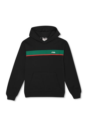Felpa nera con cappuccio e tasca a marsupio frontale, caratterizzata da una striscia verde e rossa sul petto e un logo bianco sul lato sinistro.