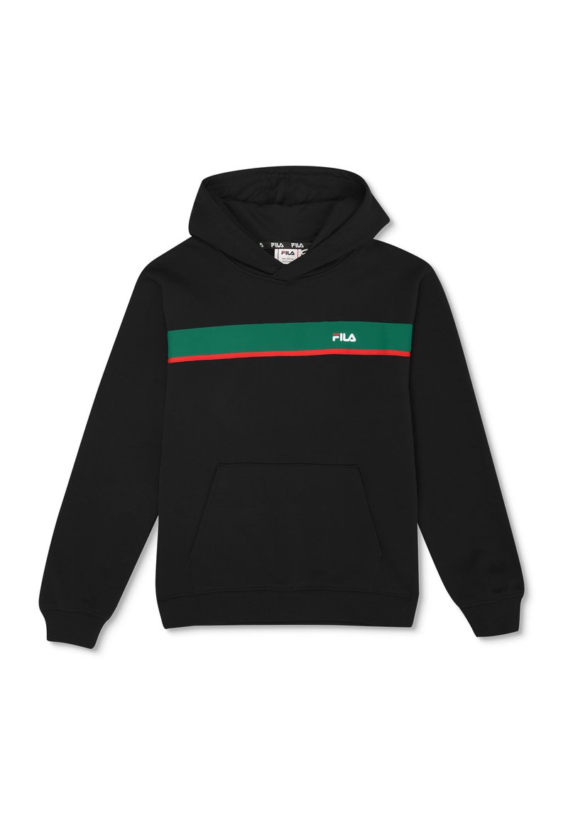 Sudadera negra con un bolsillo canguro en la parte frontal, que presenta una franja verde y roja en el pecho y un logo blanco en el lado izquierdo.