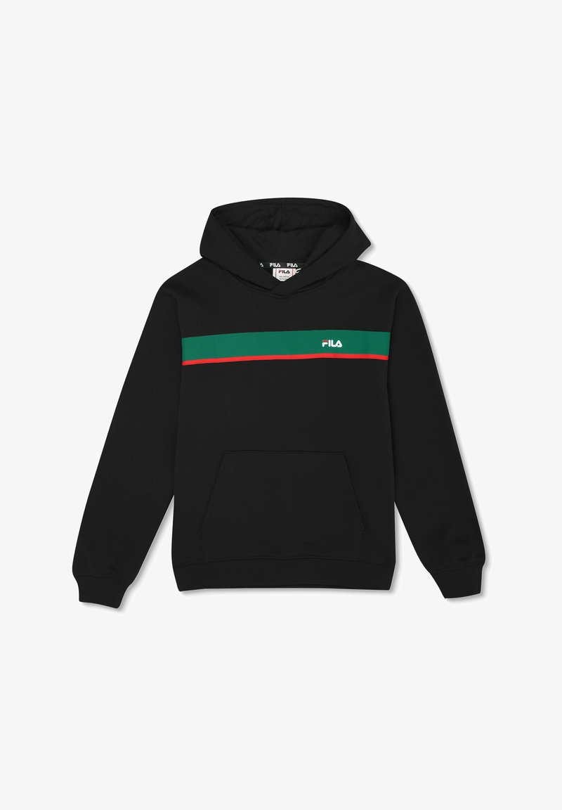 Sudadera negra con un bolsillo canguro en la parte frontal, que presenta una franja verde y roja en el pecho y un logo blanco en el lado izquierdo.