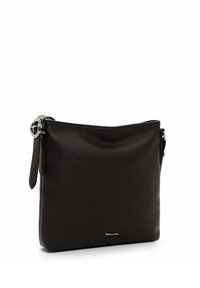 Borsa a tracolla nera in pelle con una texture liscia, caratterizzata da un accento in metallo argentato e un design semplice e strutturato.