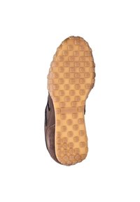 Brauner Sneaker mit einer strukturierten Sohle mit hexagonalem Muster, Obermaterial aus Wildleder und Stoff sowie schwarzen Akzenten. Größe 37.