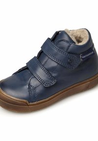 Marina blå vattentäta läder höga skor med två kardborreband. Har en mjuk, texturerad foder och en gummisula.