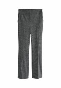 Pantaloni a scacchi in bianco e nero su misura, design a gamba dritta, la texture del tessuto appare liscia, vita sopra i fianchi.