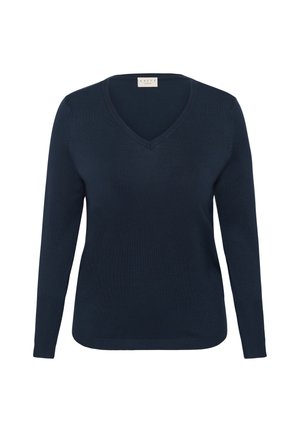 Tumesinine V-kaelusega pika varrukaga kampsun, millel on soonikkoes mansetid ja ääred, krae sees silt "KAFFE Curve".