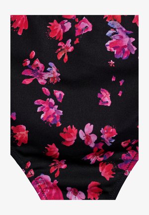 Mustaline ujumisriietus musta värvi, millel on roosa ja lilla lillemuster, sile tekstuur ja kontrastsed õmblused.