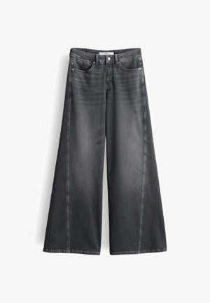 Weite, dunkelgraue Jeanshose mit hoher Taille, Fronttaschen und sichtbaren Steppnähten. Sie zeichnet sich durch eine glatte Textur und einen sauberen Abschluss aus.