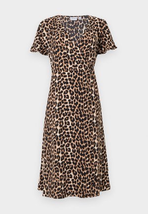 Φόρεμα τύπου κρουαζέ με κοντά μανίκια και λεοπάρ σχέδιο, με V-λαιμόκοψη και φούστα μήκους μέχρι το γόνατο σε γραμμή A, σε καφέ, μαύρους και μπεζ τόνους.