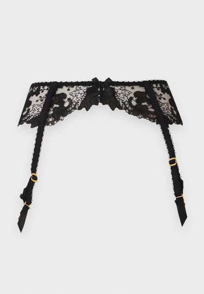 Μαύρη ζώνη ζαρτιέρας από δαντέλα με σχέδια από λουλούδια, μικρό φιόγκο στο κέντρο και ρυθμιζόμενα κλιπς από μεταλλικό χρυσό τόνο στα λουριά.