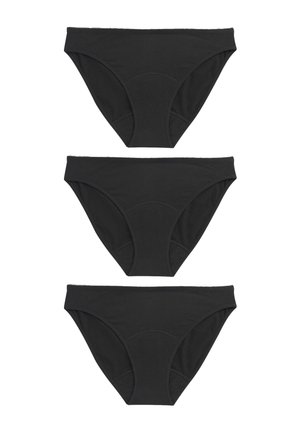 Drei schwarze Damen-Baumwoll-Bikinislips vertikal auf weißem Hintergrund gestapelt.