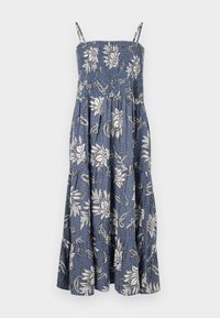 Blaues Blumendruckkleid mit gerafftem Oberteil, dünnen Trägern und fließender A-Linien-Silhouette. Mit weißen Blumen und einem gepunkteten Hintergrund.
