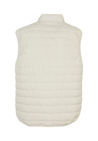 Kreemikas puffer-vest vertikaalse tikandiga, kõrge kraega ja varrukateta disainiga. Sile tekstuur ja kerge materjal.