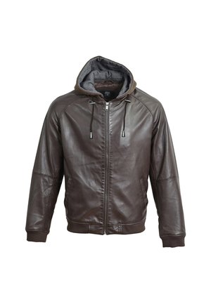 Chaqueta de cuero marrón con capucha gris y cremallera en el frente, con cuerdas ajustables y puños y dobladillo acanalados.