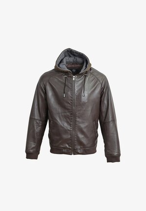 Braune Lederjacke mit grauem Kapuzen und Frontreißverschluss, ausgestattet mit Kordelzügen sowie gerippten Bündchen und Saum.