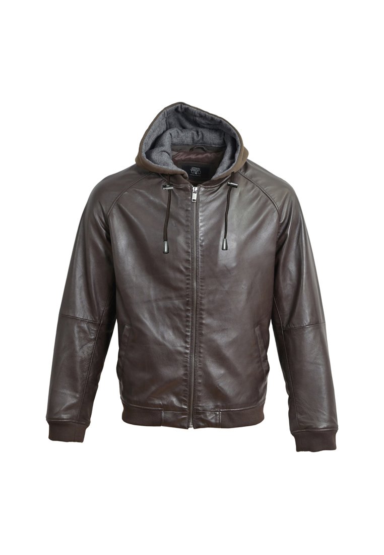 Chaqueta de cuero marrón con capucha gris y cremallera en el frente, con cuerdas ajustables y puños y dobladillo acanalados.