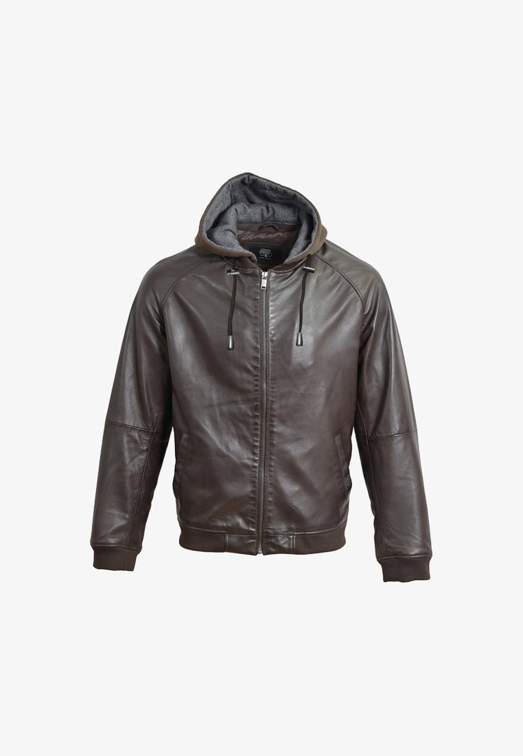 Braune Lederjacke mit grauem Kapuzen und Frontreißverschluss, ausgestattet mit Kordelzügen sowie gerippten Bündchen und Saum.